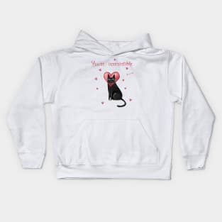 Happy valentines black cat. Cute cat and red hearts. Kids Hoodie